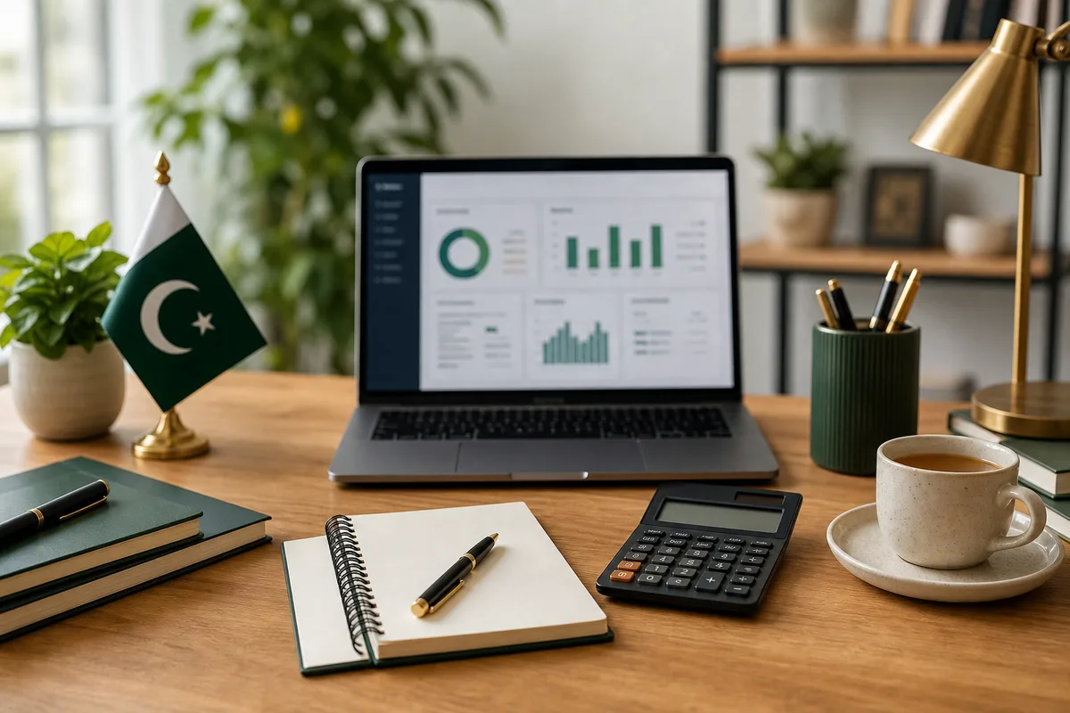 Home office desk with laptop and calculator for organizing freelance income tax records in Pakistan