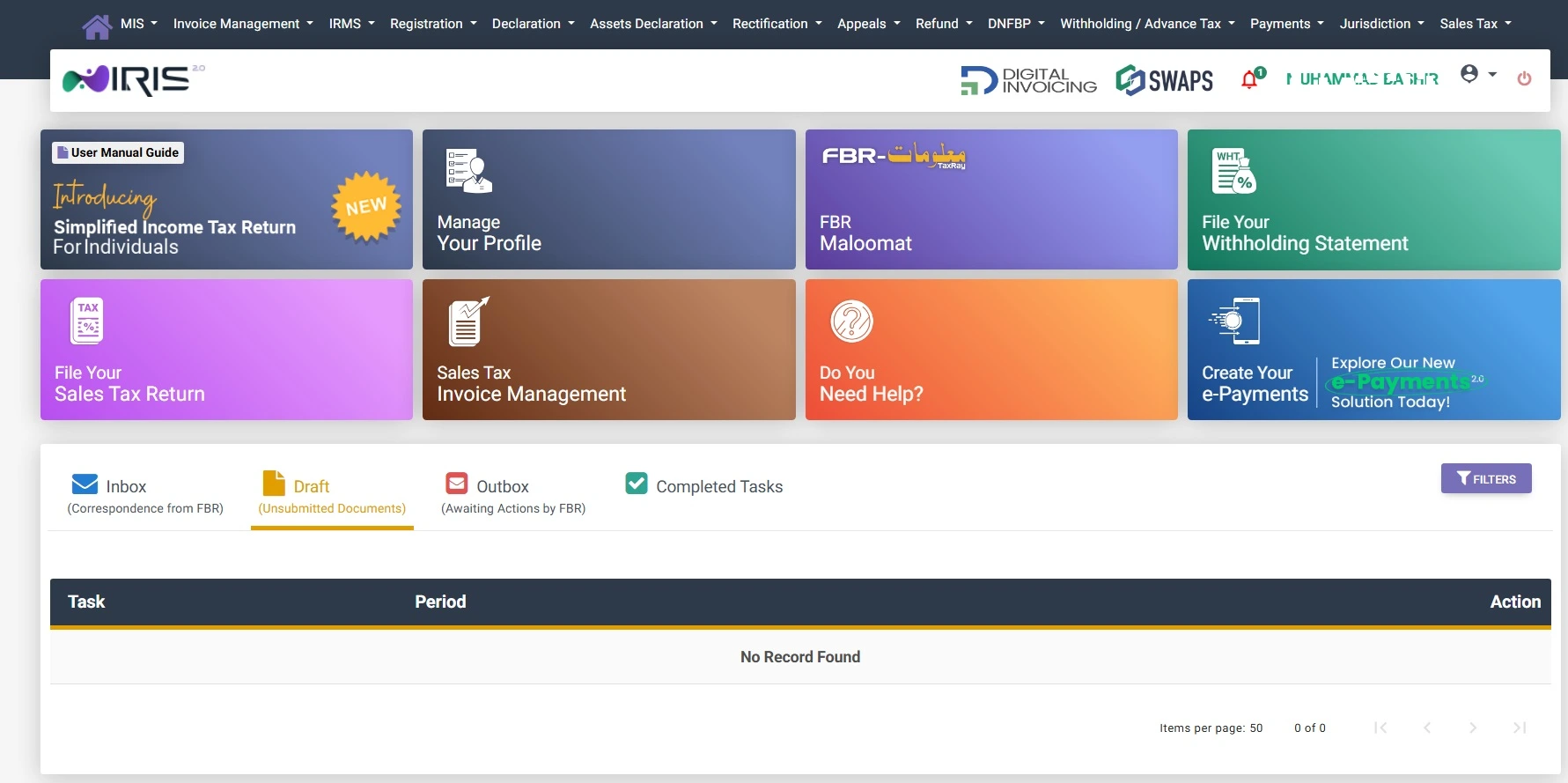 FBR IRIS dashboard after successful login