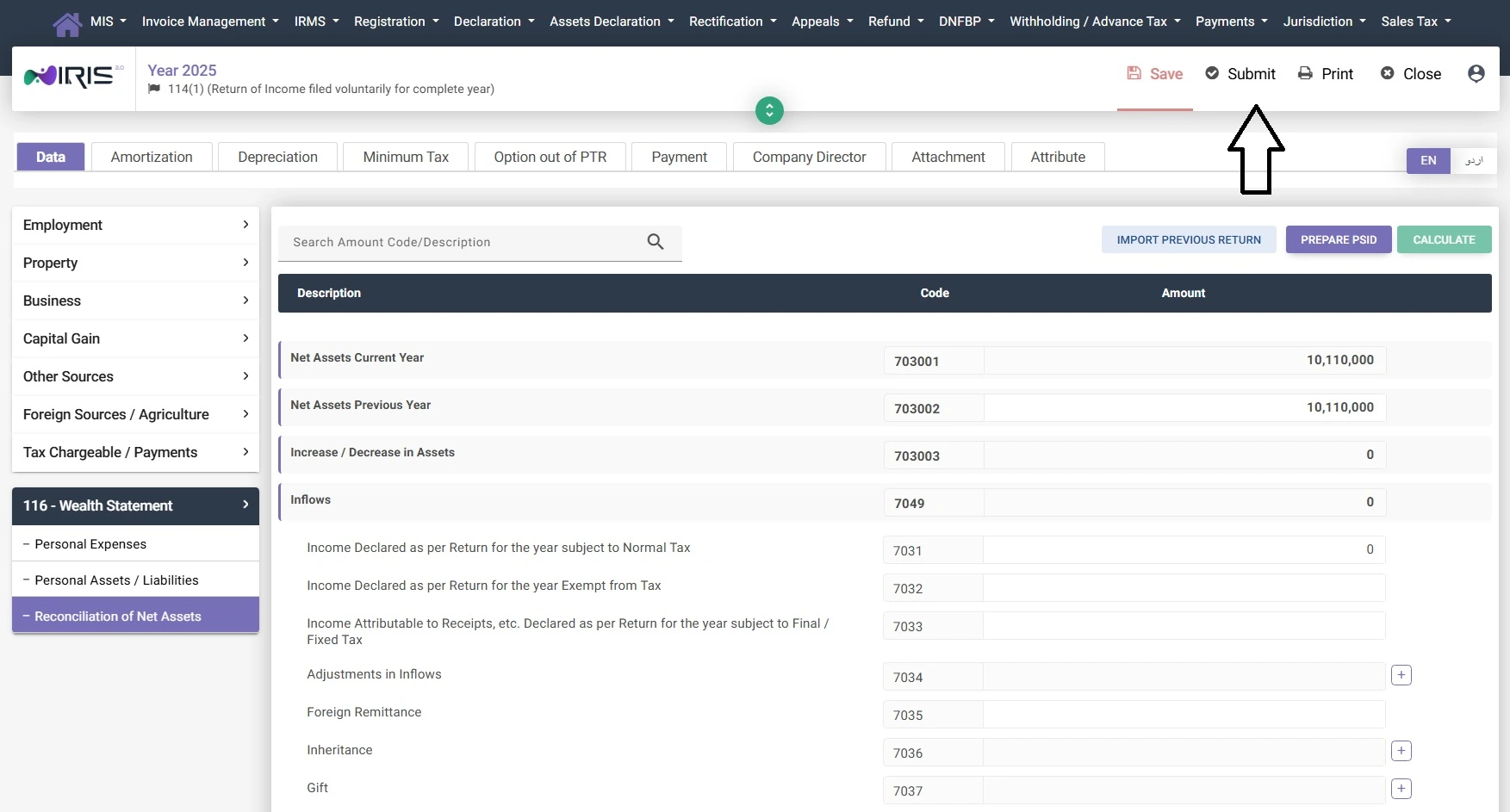 Submit button at top of FBR IRIS tax return form